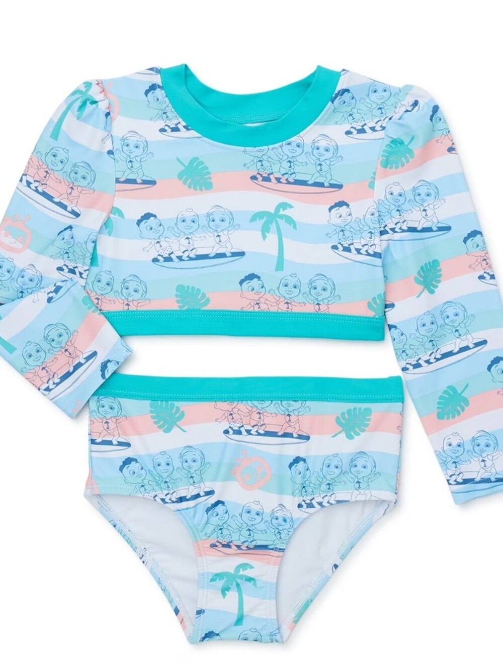 Long-Sleeve Girls Rashguard Two-Piece Swimsuit in Aqua & Coral Stripe